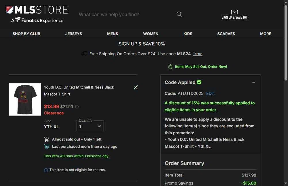 FC Cincinnati checkout page showing FC Cincinnati promo code box | Screenshot taken by SimplyCodes community member on Jan 15, 2026