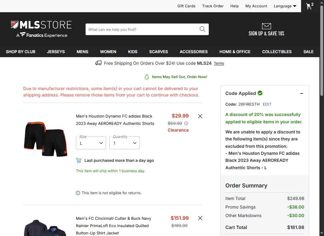 FC Cincinnati checkout page showing FC Cincinnati promo code box | Screenshot taken by SimplyCodes community member on Jan 30, 2026