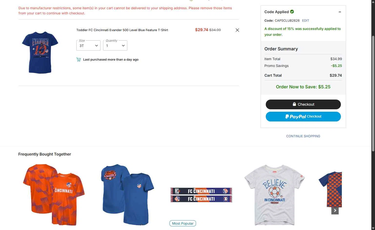 FC Cincinnati checkout page showing FC Cincinnati promo code box | Screenshot taken by SimplyCodes community member on Feb 24, 2026