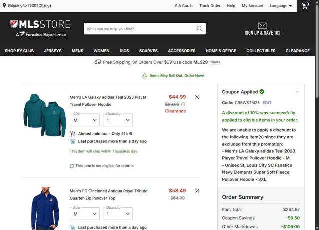 FC Cincinnati checkout page showing FC Cincinnati promo code box | Screenshot taken by SimplyCodes community member on Oct 3, 2025