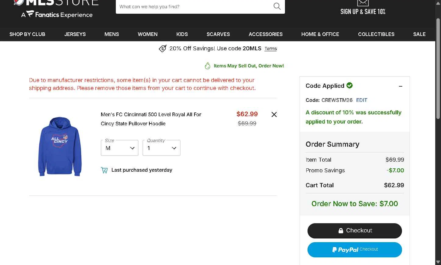 FC Cincinnati checkout page showing FC Cincinnati promo code box | Screenshot taken by SimplyCodes community member on Feb 19, 2026