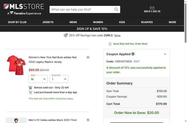 FC Dallas checkout page showing FC Dallas promo code box | Screenshot taken by SimplyCodes community member on Sep 11, 2025
