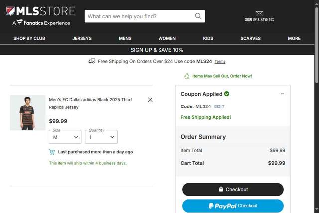FC Dallas checkout page showing FC Dallas promo code box | Screenshot taken by SimplyCodes community member on Sep 10, 2025