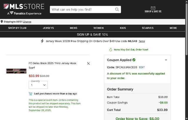 FC Dallas checkout page showing FC Dallas promo code box | Screenshot taken by SimplyCodes community member on Sep 27, 2025