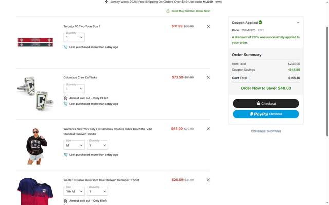 FC Dallas checkout page showing FC Dallas promo code box | Screenshot taken by SimplyCodes community member on Sep 27, 2025