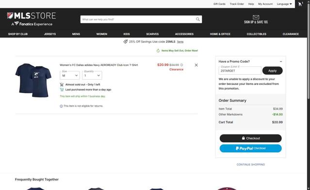 FC Dallas checkout page showing FC Dallas promo code box | Screenshot taken by SimplyCodes community member on Sep 9, 2025