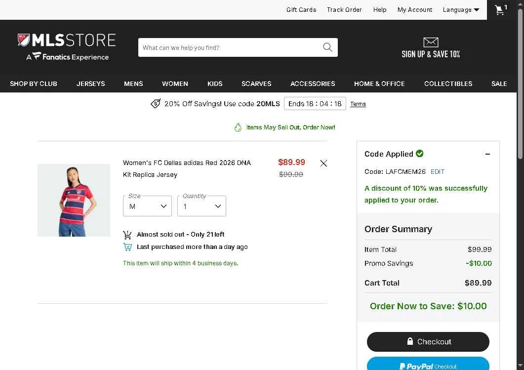 FC Dallas checkout page showing FC Dallas promo code box | Screenshot taken by SimplyCodes community member on Feb 20, 2026
