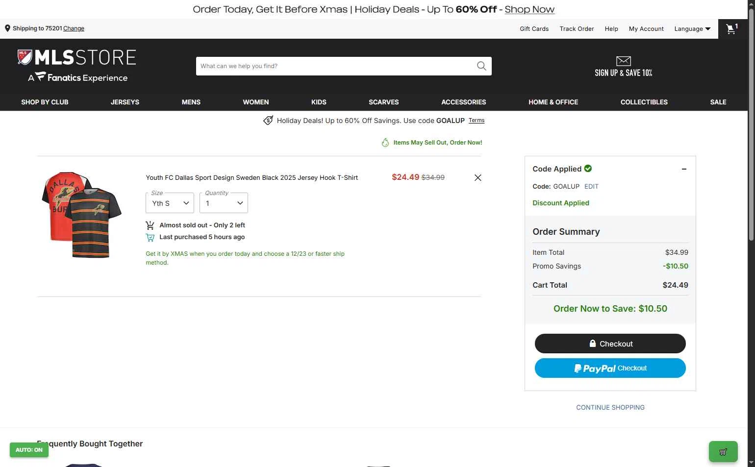 FC Dallas checkout page showing FC Dallas promo code box | Screenshot taken by SimplyCodes community member on Dec 19, 2025