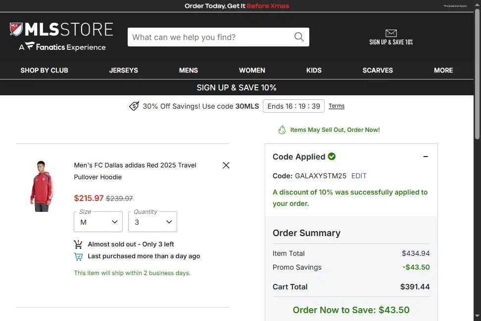 FC Dallas checkout page showing FC Dallas promo code box | Screenshot taken by SimplyCodes community member on Dec 15, 2025