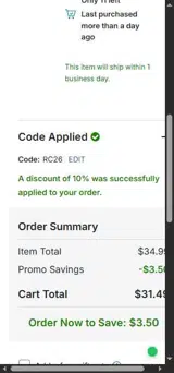 RC26 coupon verification screenshot