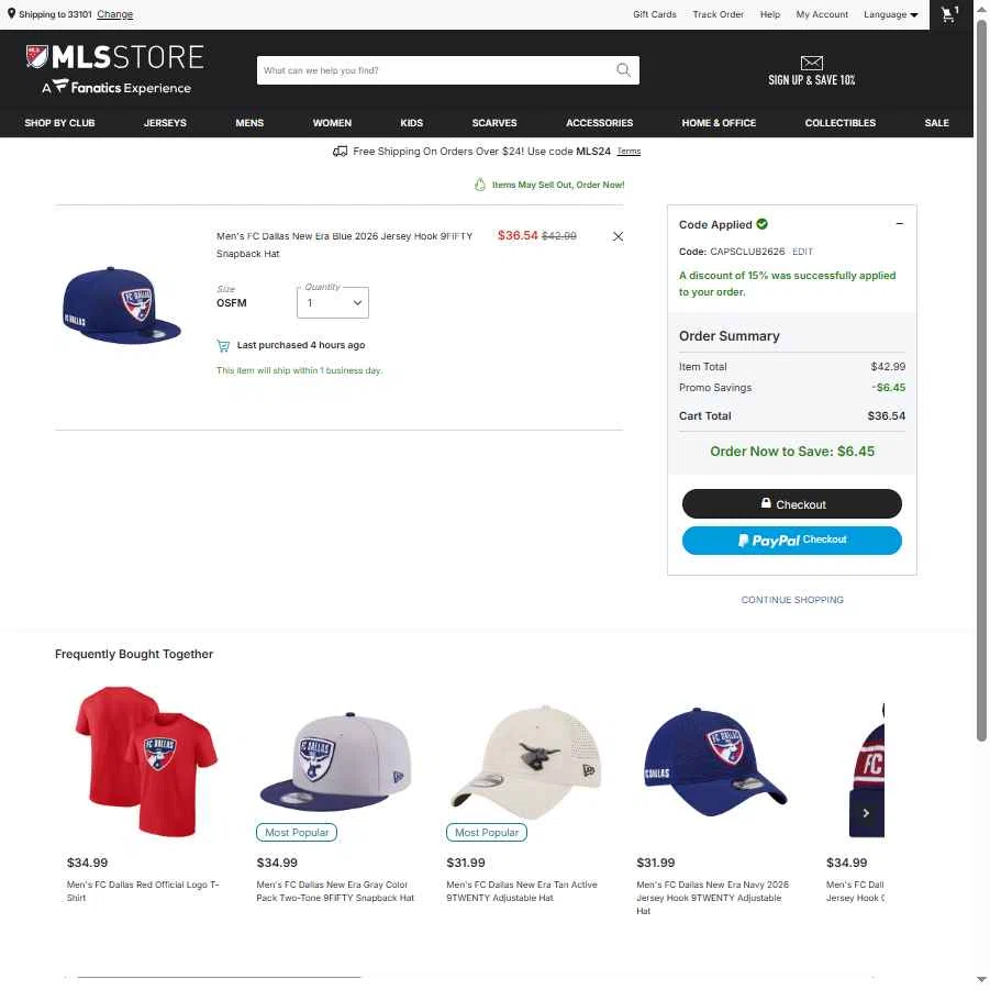 FC Dallas checkout page showing FC Dallas promo code box | Screenshot taken by SimplyCodes community member on Feb 24, 2026