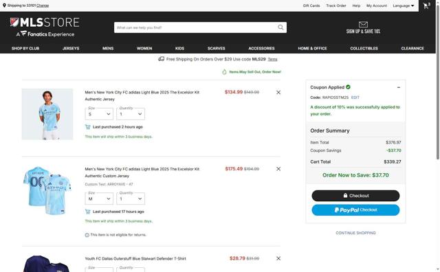FC Dallas checkout page showing FC Dallas promo code box | Screenshot taken by SimplyCodes community member on Oct 3, 2025