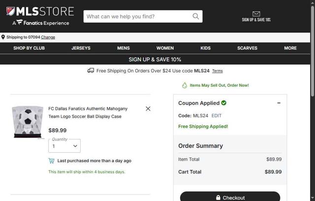 FC Dallas checkout page showing FC Dallas promo code box | Screenshot taken by SimplyCodes community member on Sep 30, 2025