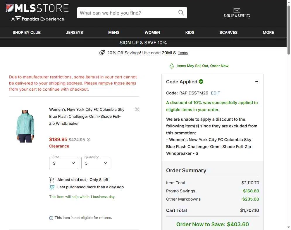 FC Dallas checkout page showing FC Dallas promo code box | Screenshot taken by SimplyCodes community member on Feb 25, 2026