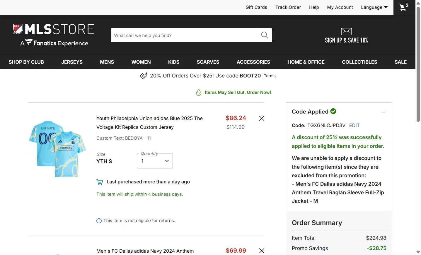 FC Dallas checkout page showing FC Dallas promo code box | Screenshot taken by SimplyCodes community member on Jan 16, 2026