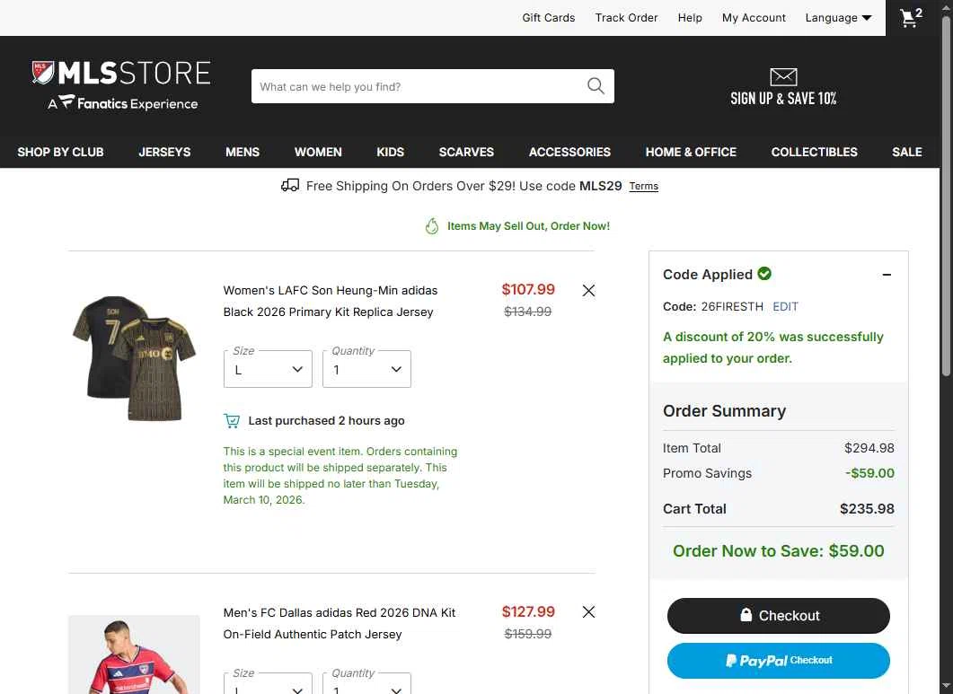FC Dallas checkout page showing FC Dallas promo code box | Screenshot taken by SimplyCodes community member on Feb 21, 2026