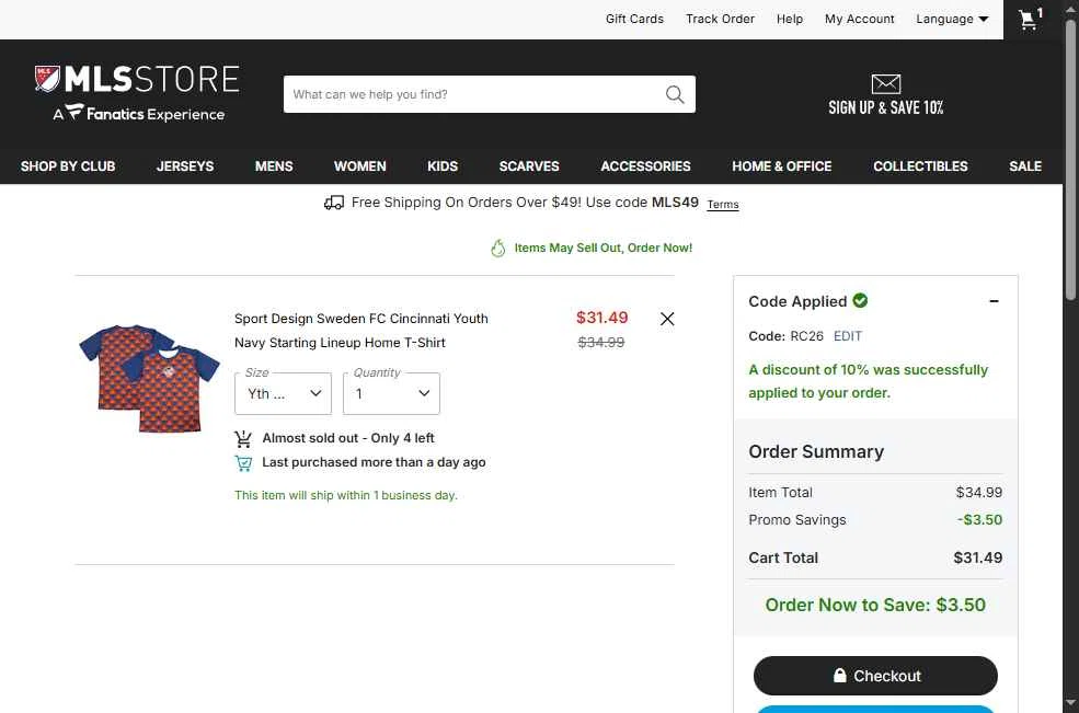 FC Dallas checkout page showing FC Dallas promo code box | Screenshot taken by SimplyCodes community member on Jan 8, 2026