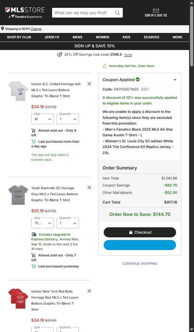 FC Dallas checkout page showing FC Dallas promo code box | Screenshot taken by SimplyCodes community member on Sep 11, 2025