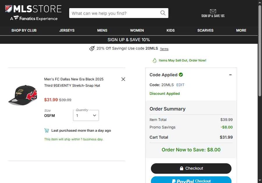 FC Dallas checkout page showing FC Dallas promo code box | Screenshot taken by SimplyCodes community member on Feb 19, 2026