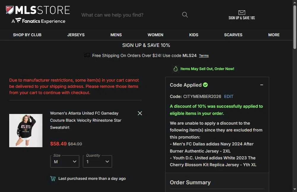 FC Dallas checkout page showing FC Dallas promo code box | Screenshot taken by SimplyCodes community member on Feb 5, 2026