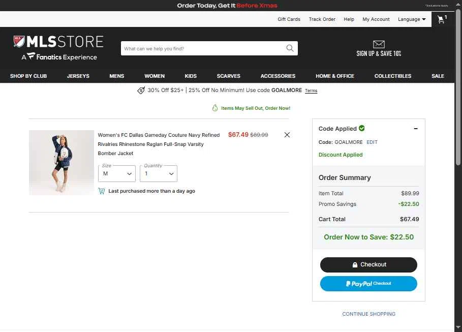FC Dallas checkout page showing FC Dallas promo code box | Screenshot taken by SimplyCodes community member on Dec 16, 2025
