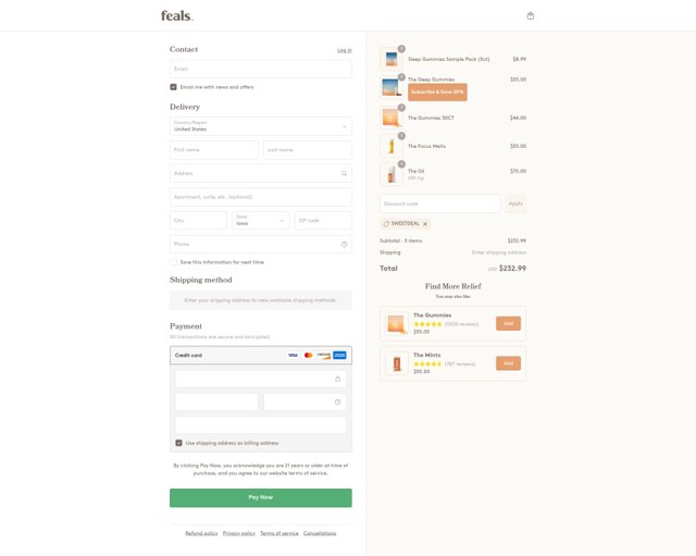 Feals checkout page showing Feals discount code box | Screenshot taken by SimplyCodes community member on Sep 5, 2025