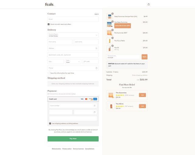 Feals checkout page showing Feals discount code box | Screenshot taken by SimplyCodes community member on Sep 5, 2025
