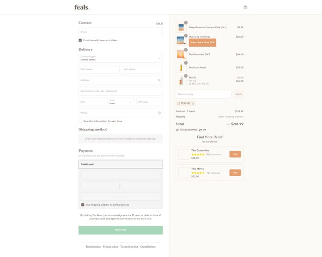 Feals checkout page showing Feals discount code box | Screenshot taken by SimplyCodes community member on Sep 5, 2025