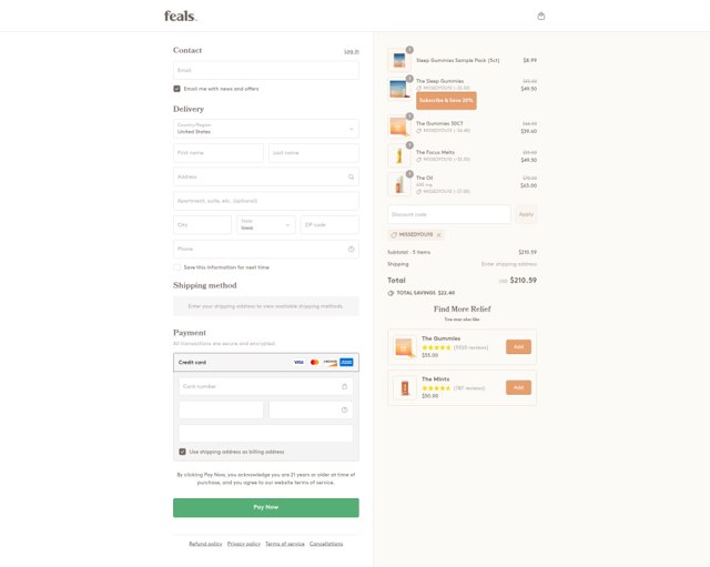 Feals checkout page showing Feals discount code box | Screenshot taken by SimplyCodes community member on Sep 5, 2025