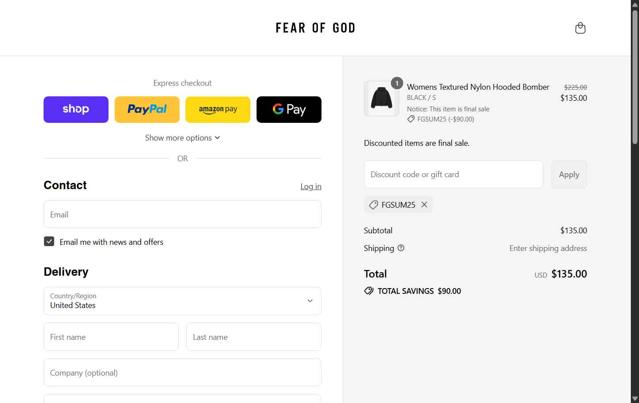 Fear of God checkout page showing Fear of God discount code box | Screenshot taken by SimplyCodes community member on Aug 14, 2025