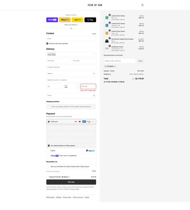 Fear of God checkout page showing Fear of God discount code box | Screenshot taken by SimplyCodes community member on Jul 31, 2025