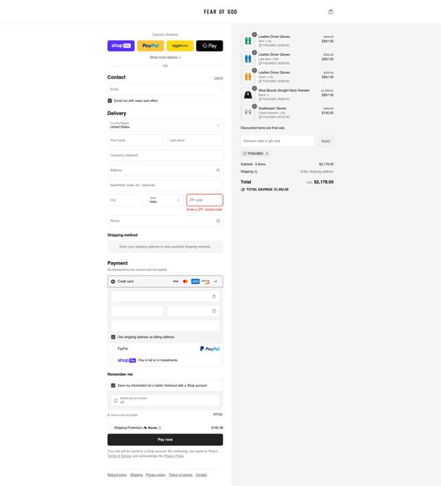 Fear of God checkout page showing Fear of God discount code box | Screenshot taken by SimplyCodes community member on Aug 12, 2025