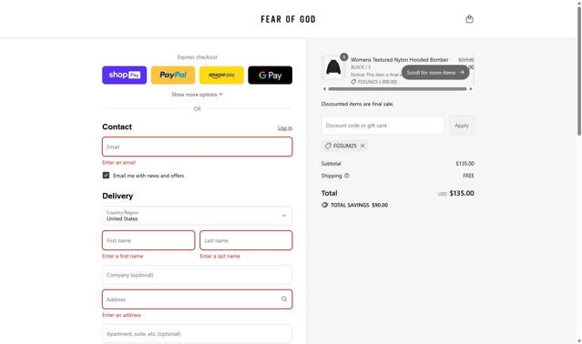 Fear of God checkout page showing Fear of God discount code box | Screenshot taken by SimplyCodes community member on Aug 6, 2025