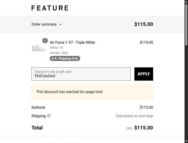 Feature checkout page showing Feature discount code box | Screenshot taken by SimplyCodes community member on Jul 16, 2025