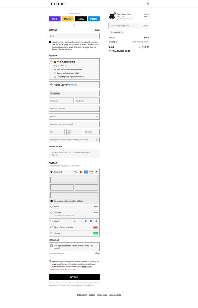Feature checkout page showing Feature discount code box | Screenshot taken by SimplyCodes community member on Aug 31, 2025