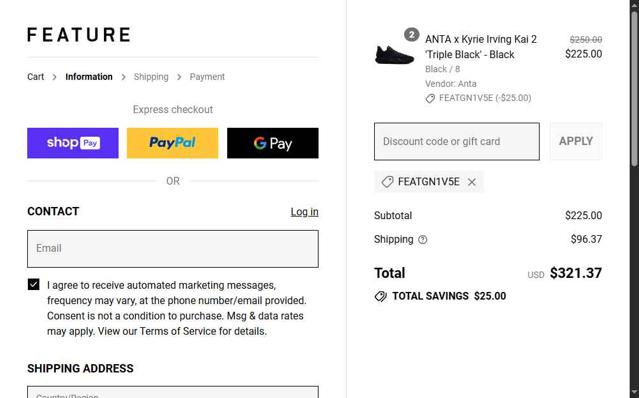 Feature checkout page showing Feature discount code box | Screenshot taken by SimplyCodes community member on Jul 12, 2025
