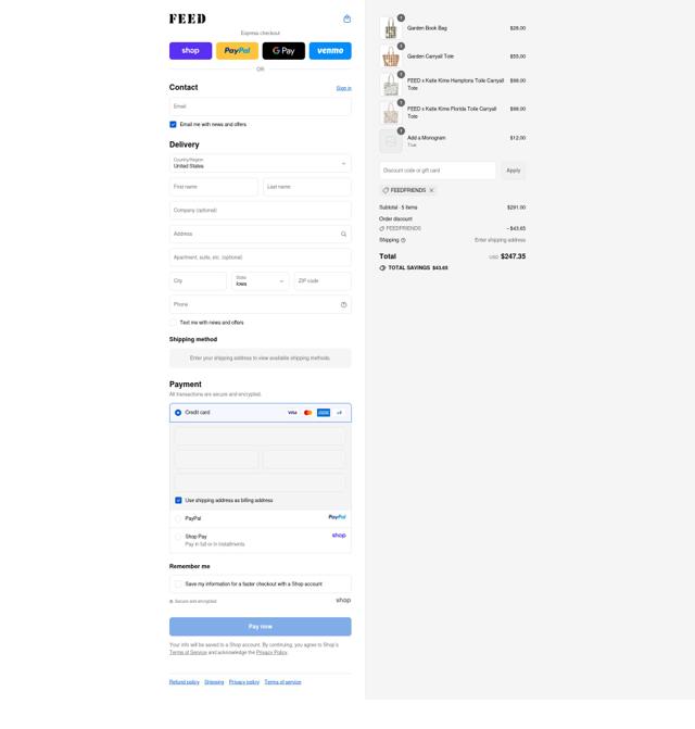 FEED Projects checkout page showing FEED Projects promo code box | Screenshot taken by SimplyCodes community member on Sep 13, 2025