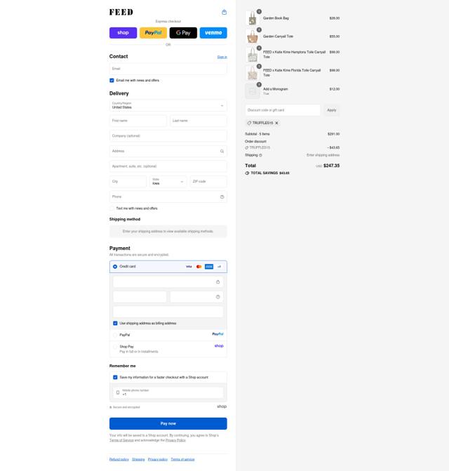 FEED Projects checkout page showing FEED Projects promo code box | Screenshot taken by SimplyCodes community member on Sep 13, 2025
