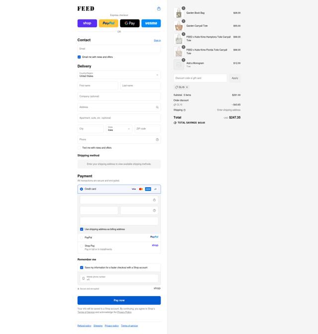 FEED Projects checkout page showing FEED Projects promo code box | Screenshot taken by SimplyCodes community member on Sep 13, 2025
