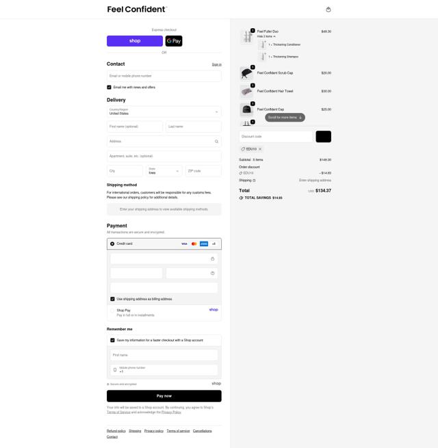 Feel Confident checkout page showing Feel Confident discount code box | Screenshot taken by SimplyCodes community member on Sep 21, 2025