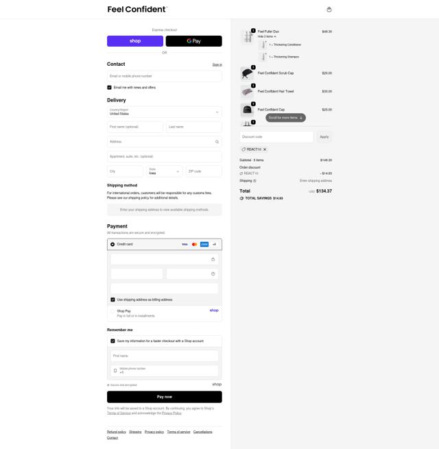 Feel Confident checkout page showing Feel Confident discount code box | Screenshot taken by SimplyCodes community member on Sep 21, 2025
