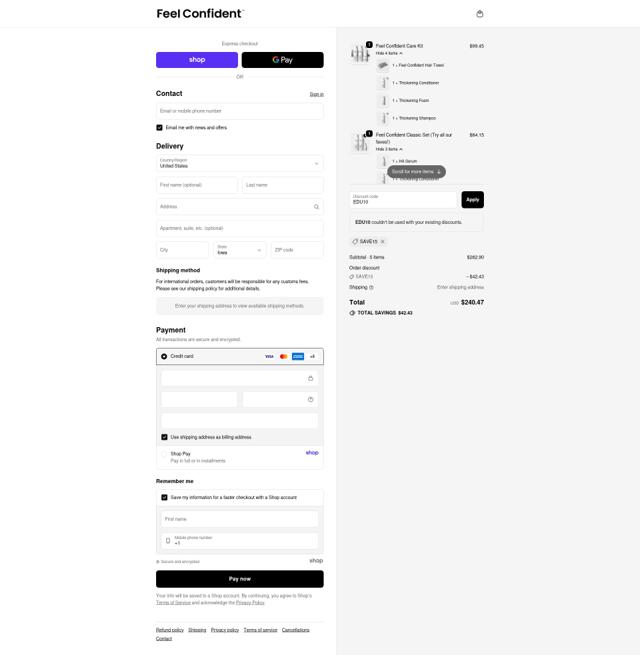 Feel Confident checkout page showing Feel Confident discount code box | Screenshot taken by SimplyCodes community member on Sep 25, 2025