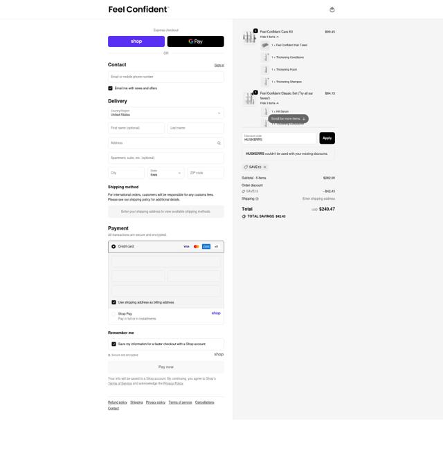 Feel Confident checkout page showing Feel Confident discount code box | Screenshot taken by SimplyCodes community member on Sep 25, 2025