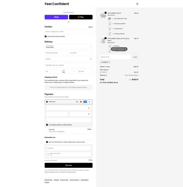 Feel Confident checkout page showing Feel Confident discount code box | Screenshot taken by SimplyCodes community member on Sep 25, 2025