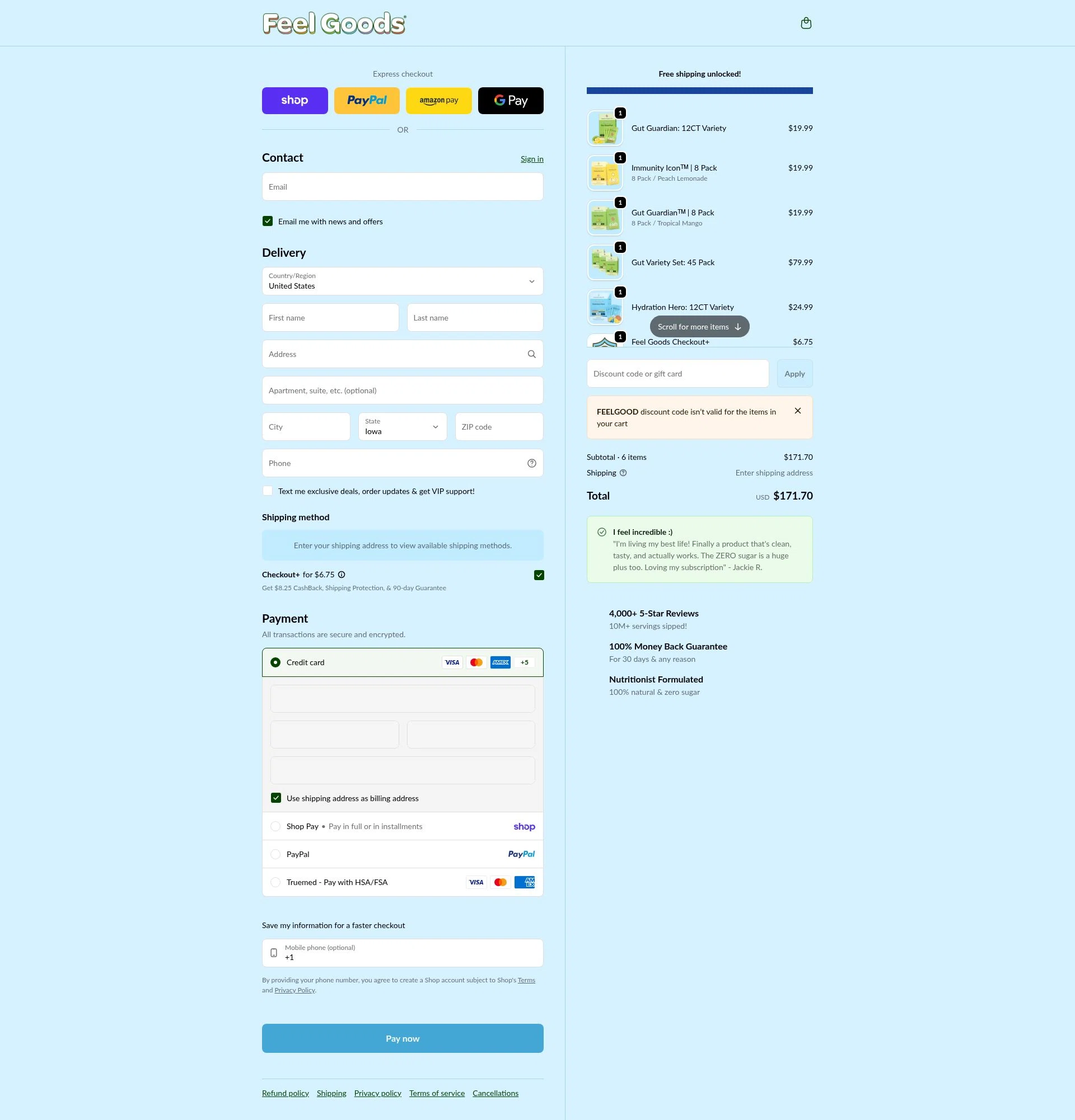 Feel Goods checkout page showing Feel Goods discount code box | Screenshot taken by SimplyCodes community member on Feb 10, 2026