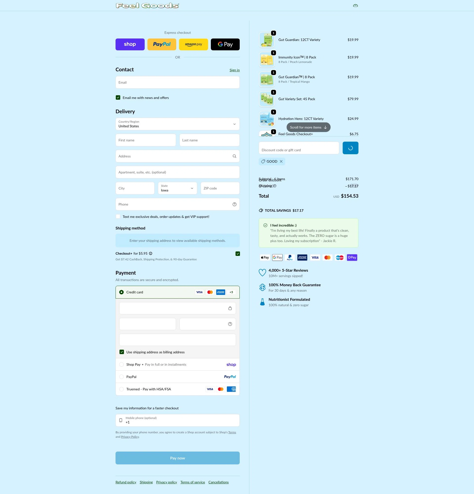Feel Goods checkout page showing Feel Goods discount code box | Screenshot taken by SimplyCodes community member on Feb 6, 2026