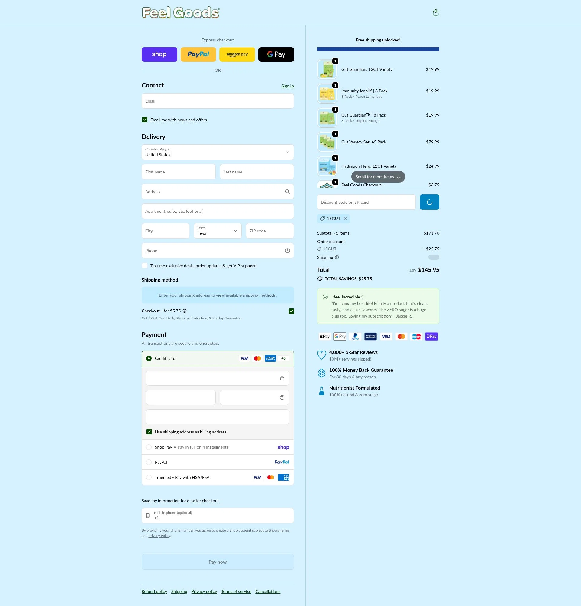 Feel Goods checkout page showing Feel Goods discount code box | Screenshot taken by SimplyCodes community member on Feb 10, 2026