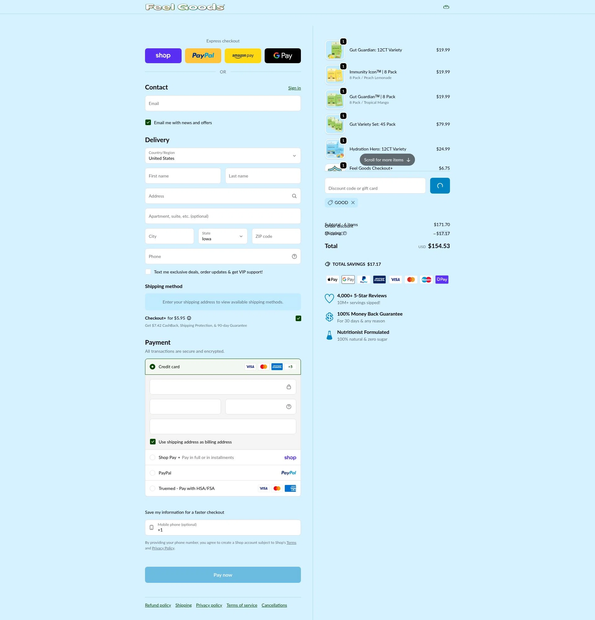 Feel Goods checkout page showing Feel Goods discount code box | Screenshot taken by SimplyCodes community member on Feb 10, 2026
