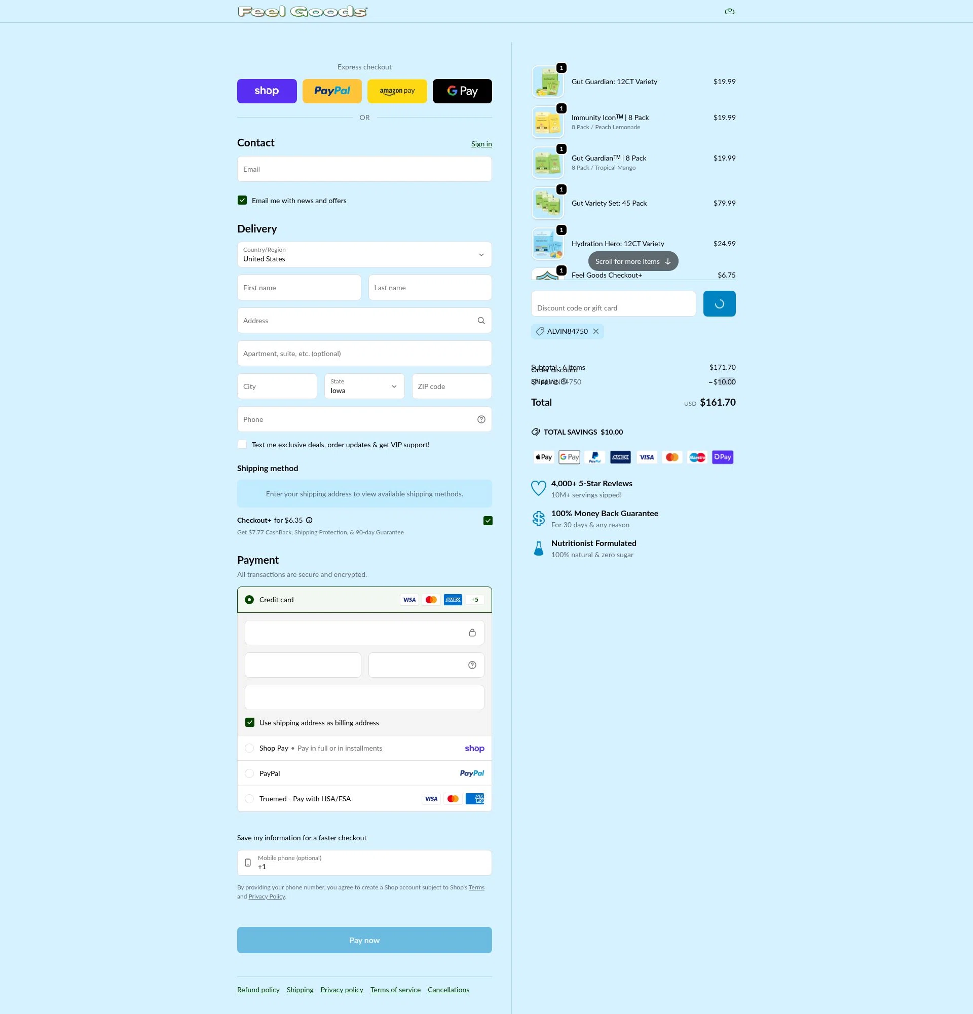 Feel Goods checkout page showing Feel Goods discount code box | Screenshot taken by SimplyCodes community member on Feb 6, 2026
