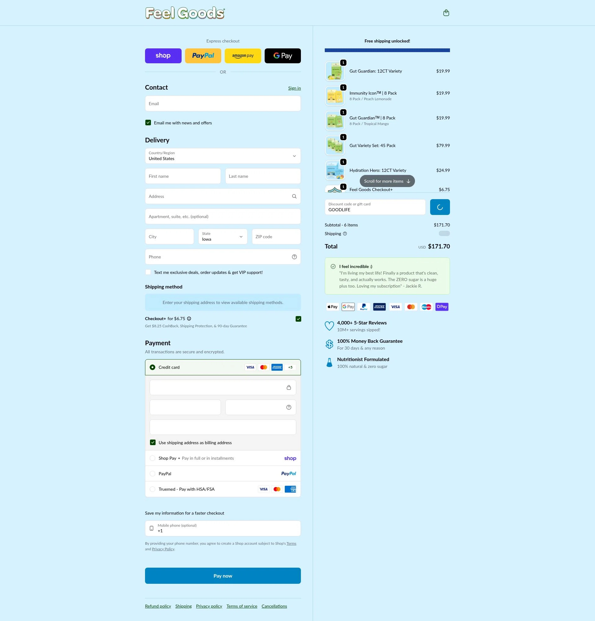 Feel Goods checkout page showing Feel Goods discount code box | Screenshot taken by SimplyCodes community member on Feb 10, 2026